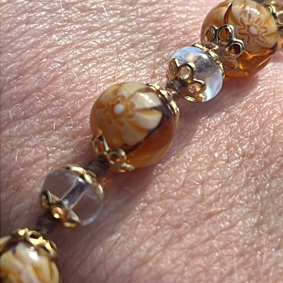 Vintage Hand Knotted Venetian Amber Murano Art Glass Bead Brass Bracelet - Picture 6 of 8